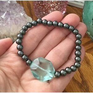 New Rustic Natural Hematite Beaded Cuff Bracelet w/ Blue-Green Crystal Focal